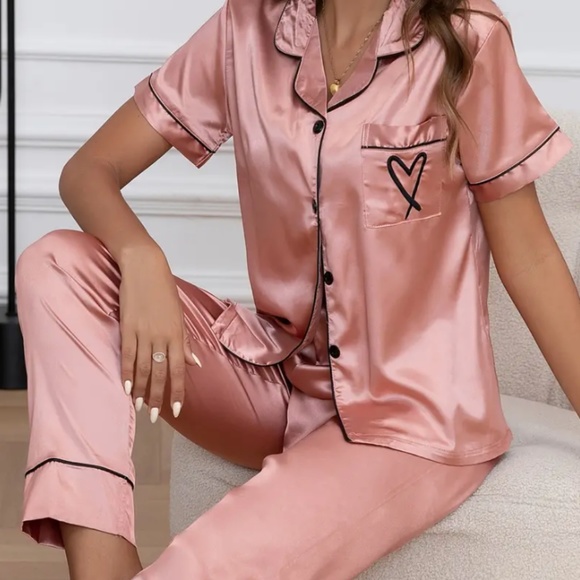 Other - Pink Satin Pajamas Heart Embroidered Pants Set NWT - Medium Small